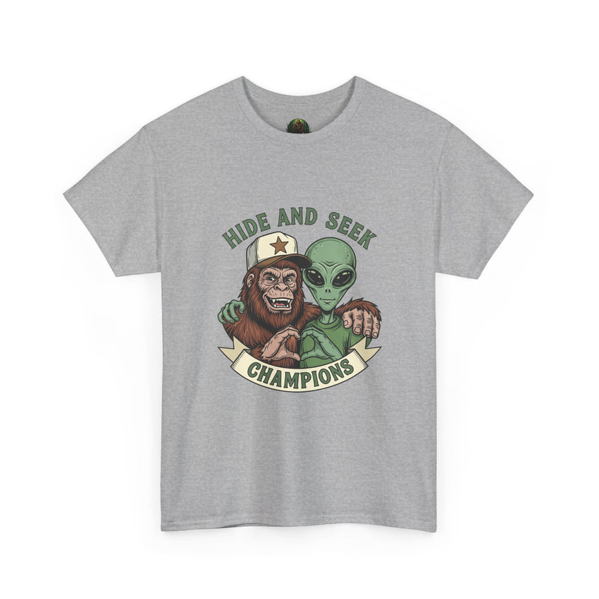 Hide and Seek Champions , Alien and Sasquatch tshirt