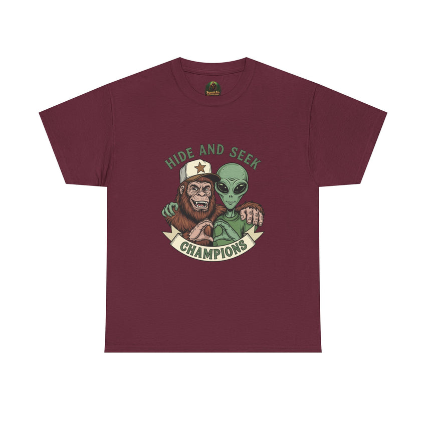 Hide and Seek Champions , Alien and Sasquatch tshirt
