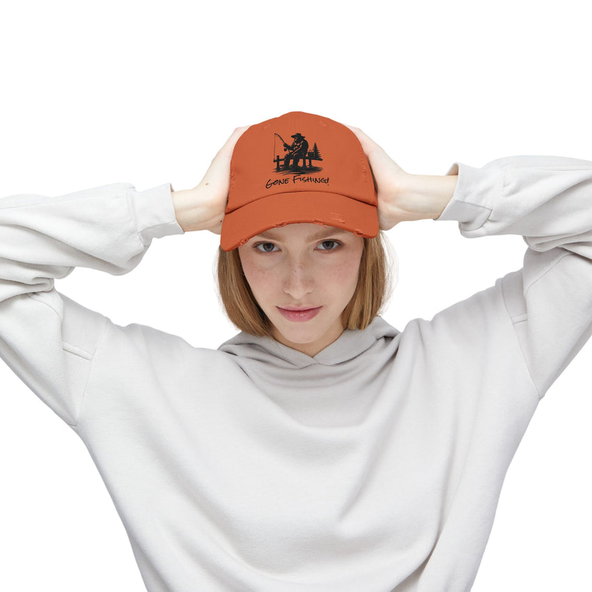 Gone Fishing Distressed Cap - Unisex Fishing Hat for Outdoor Enthusiasts