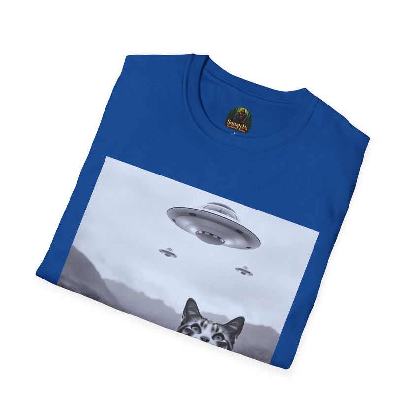 Alien Cat Abduction T-Shirt | Retro EW, PEOPLE UFO Graphic front and back graphics