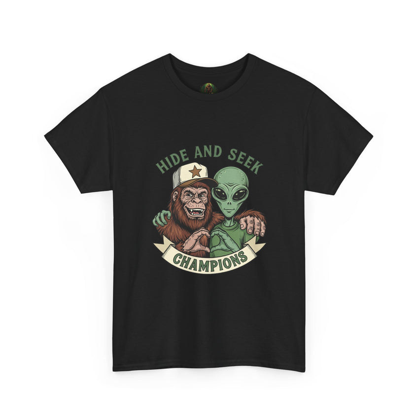Hide and Seek Champions , Alien and Sasquatch tshirt