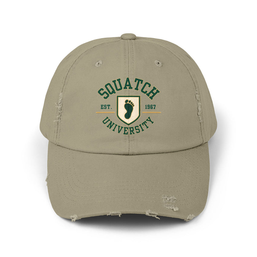 Squatch University cap | distressed dad hat, Bigfoot foot emblem