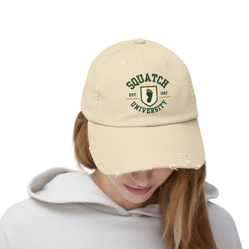 Squatch University cap | distressed dad hat, Bigfoot foot emblem
