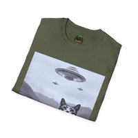 Alien Cat Abduction T-Shirt | Retro EW, PEOPLE UFO Graphic front and back graphics