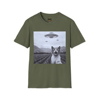Alien Cat Abduction T-Shirt | Retro EW, PEOPLE UFO Graphic front and back graphics