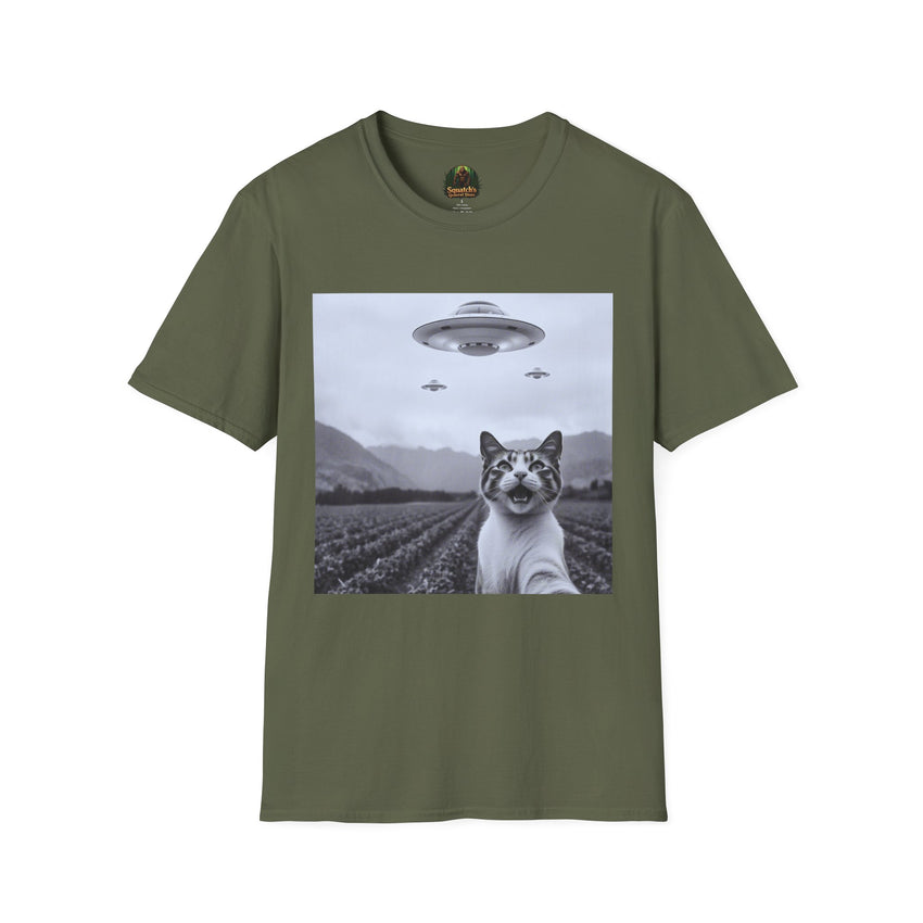 Alien Cat Abduction T-Shirt | Retro EW, PEOPLE UFO Graphic front and back graphics