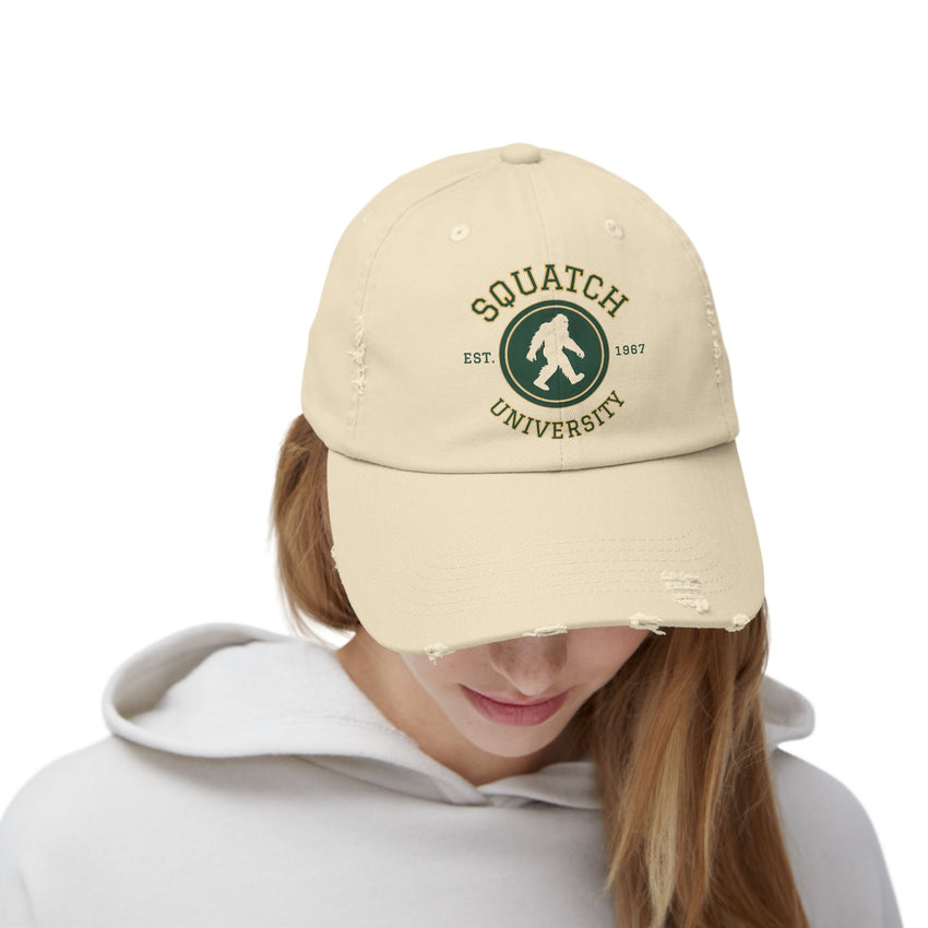 Squatch University cap | Sasquatch logo distressed hat, Bigfoot college emblem cap