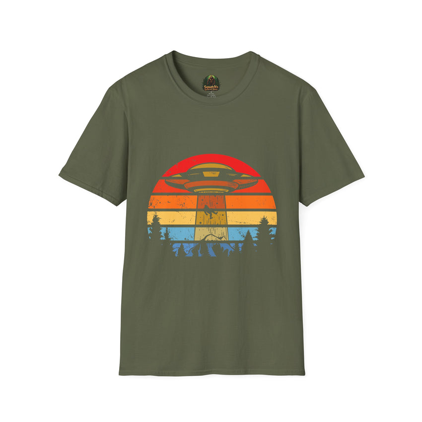 UFO Abduction Sunset T-Shirt | Retro Alien Spaceship Forest Silhouette