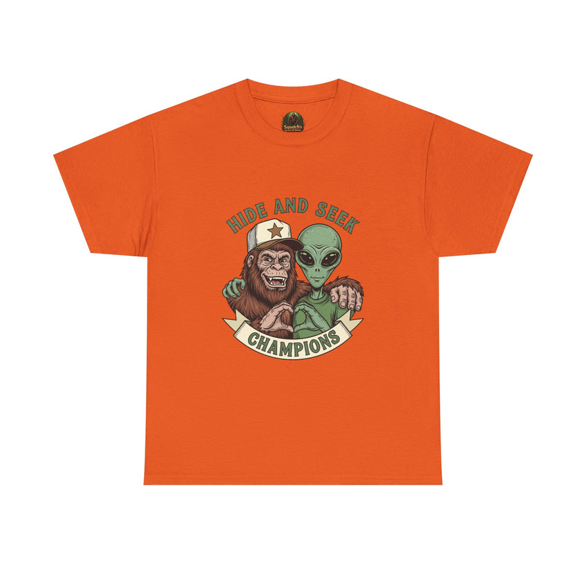 Hide and Seek Champions , Alien and Sasquatch tshirt