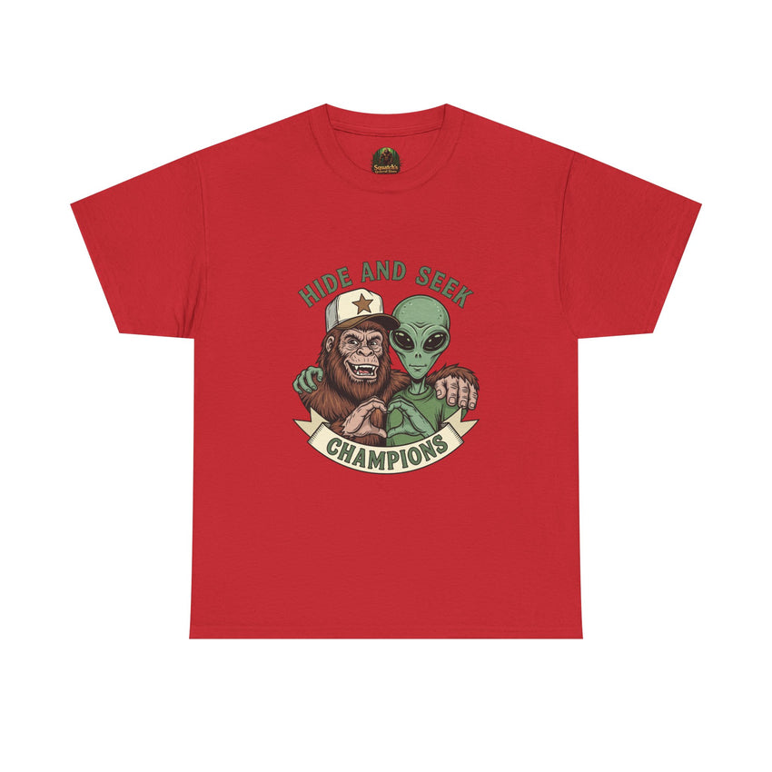 Hide and Seek Champions , Alien and Sasquatch tshirt