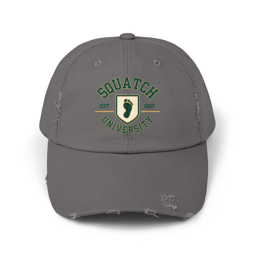 Squatch University cap | distressed dad hat, Bigfoot foot emblem