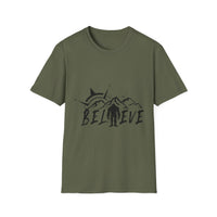Believe Sasquatch T-Shirt | Bigfoot Mountain Silhouette, Wilderness Theme