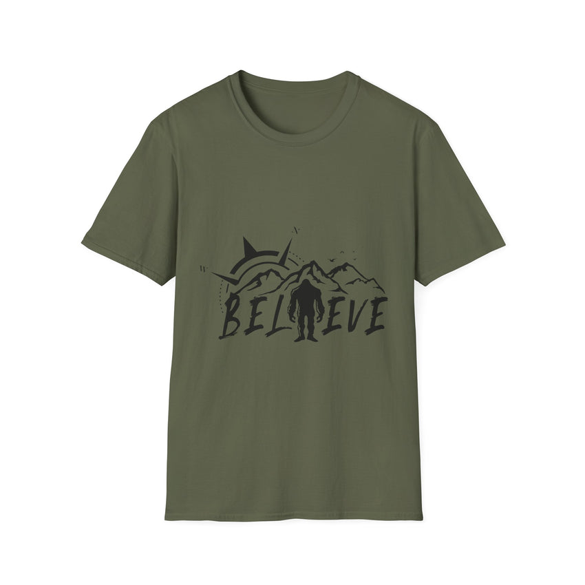 Believe Sasquatch T-Shirt | Bigfoot Mountain Silhouette, Wilderness Theme