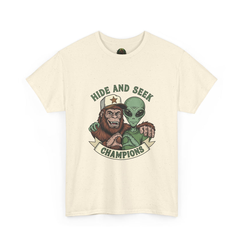 Hide and Seek Champions , Alien and Sasquatch tshirt