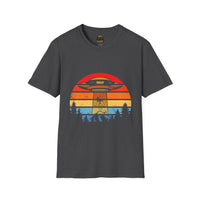 UFO Abduction Sunset T-Shirt | Retro Alien Spaceship Forest Silhouette