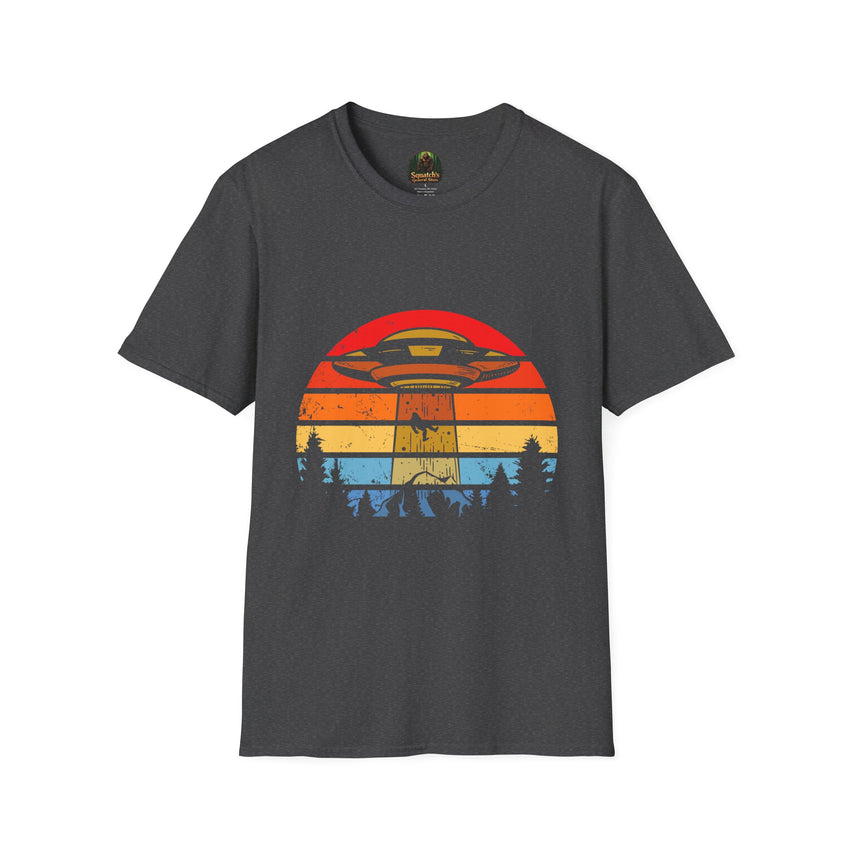 UFO Abduction Sunset T-Shirt | Retro Alien Spaceship Forest Silhouette