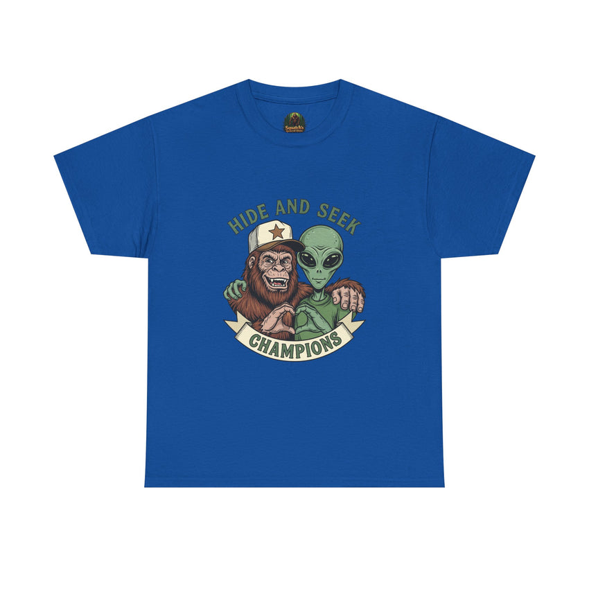 Hide and Seek Champions , Alien and Sasquatch tshirt