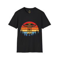 UFO Abduction Sunset T-Shirt | Retro Alien Spaceship Forest Silhouette