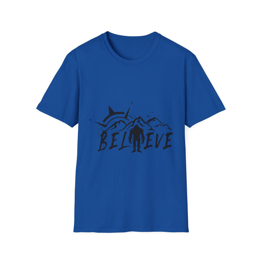 Believe Sasquatch T-Shirt | Bigfoot Mountain Silhouette, Wilderness Theme