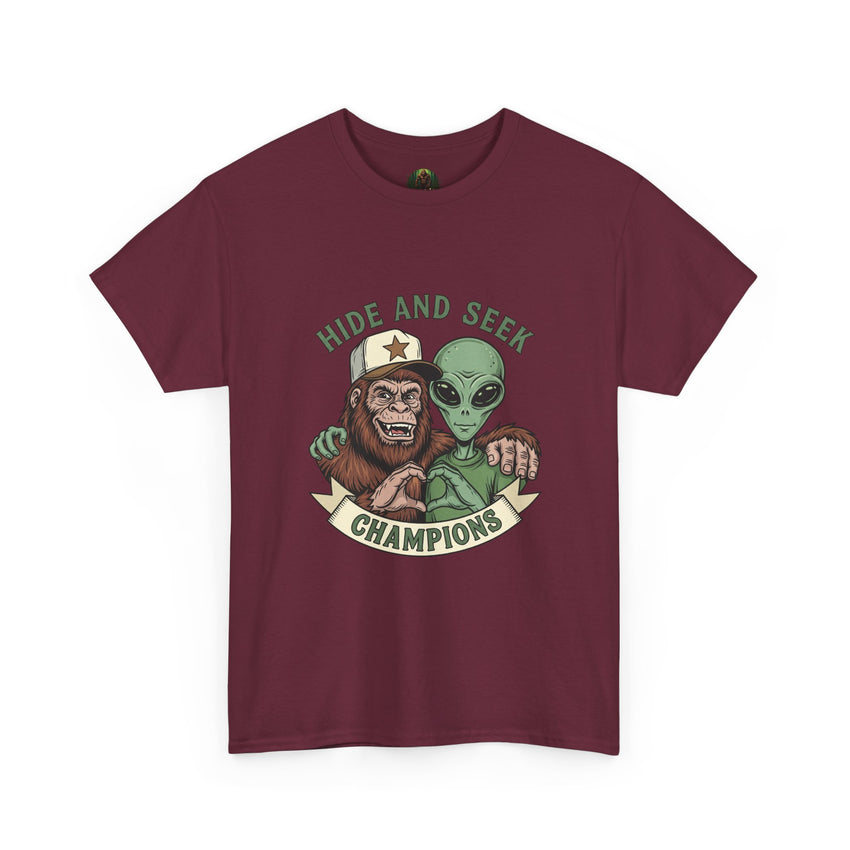 Hide and Seek Champions , Alien and Sasquatch tshirt