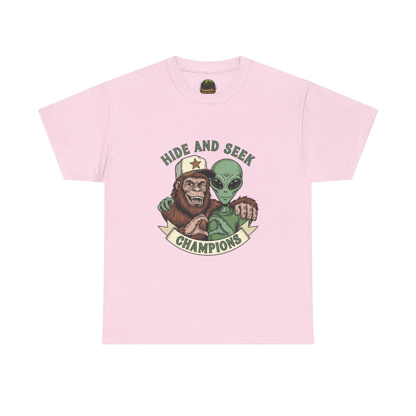 Hide and Seek Champions , Alien and Sasquatch tshirt