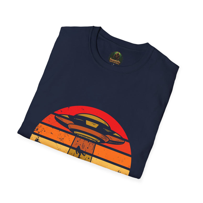 UFO Abduction Sunset T-Shirt | Retro Alien Spaceship Forest Silhouette