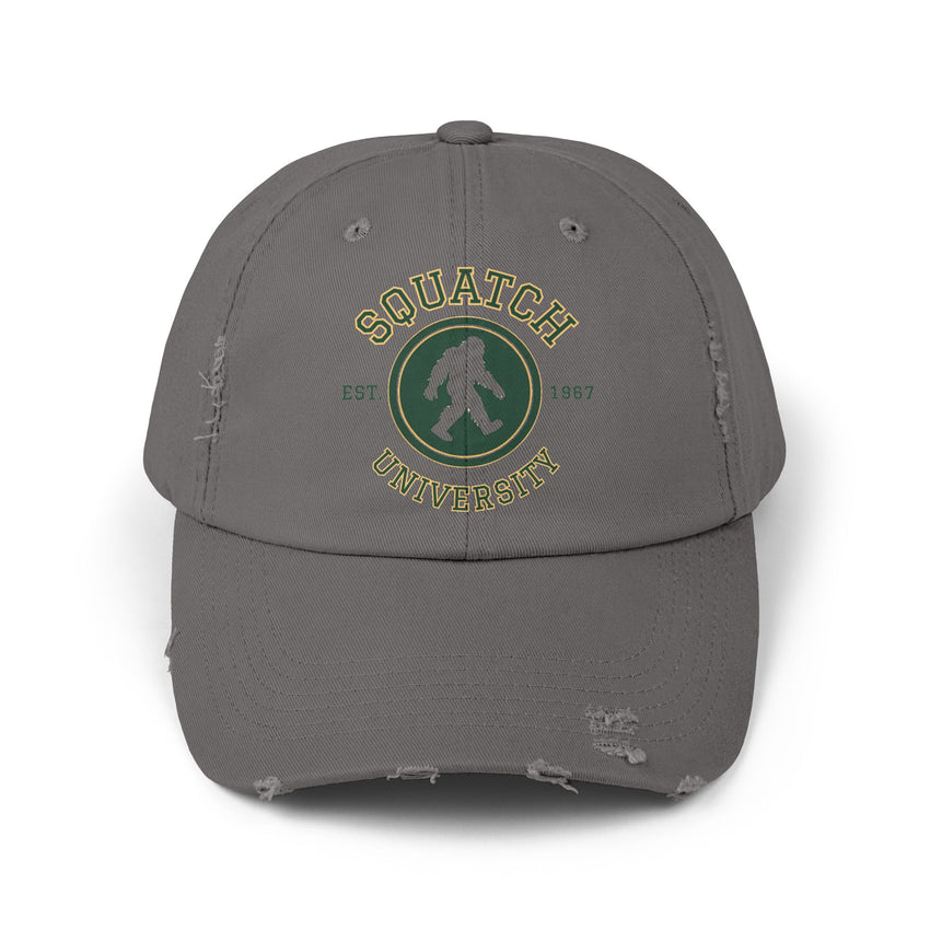 Squatch University cap | Sasquatch logo distressed hat, Bigfoot college emblem cap