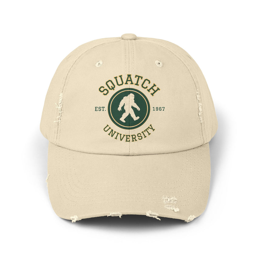 Squatch University cap | Sasquatch logo distressed hat, Bigfoot college emblem cap