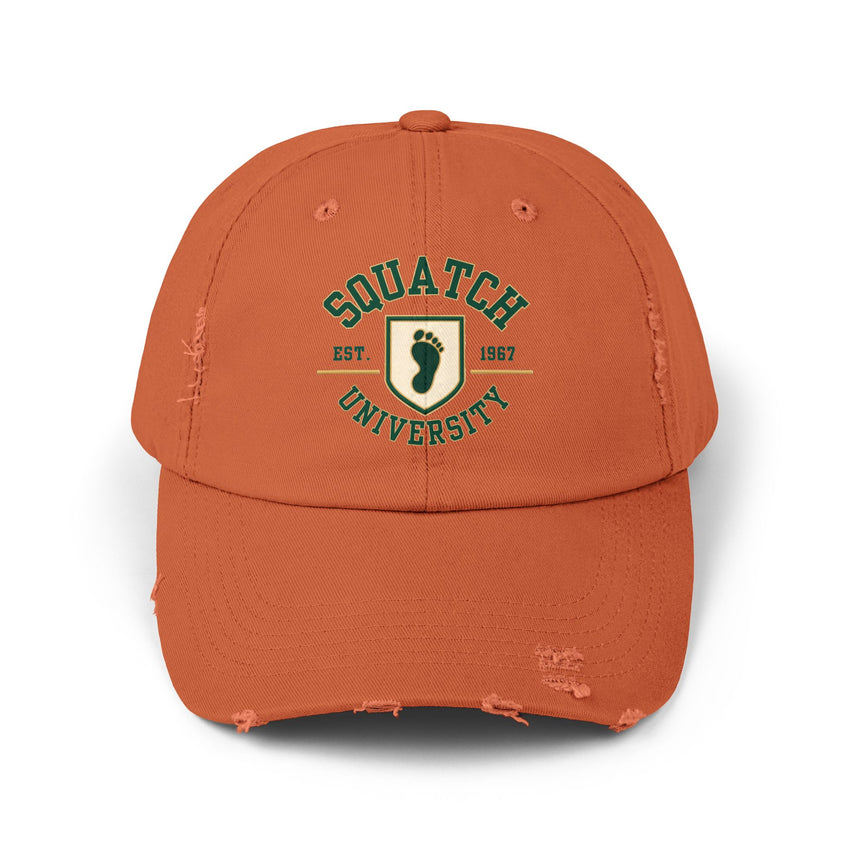 Squatch University cap | distressed dad hat, Bigfoot foot emblem