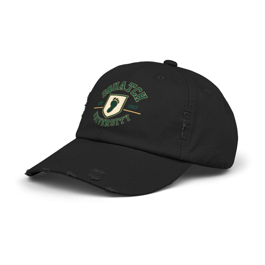Squatch University cap | distressed dad hat, Bigfoot foot emblem