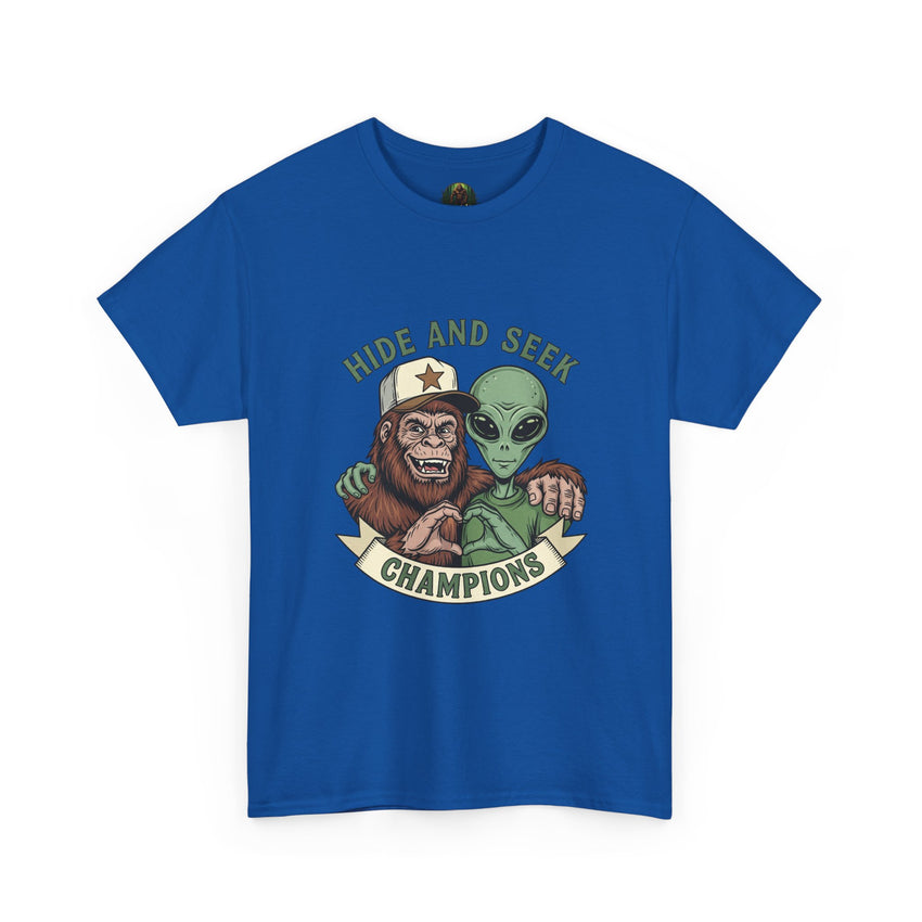 Hide and Seek Champions , Alien and Sasquatch tshirt