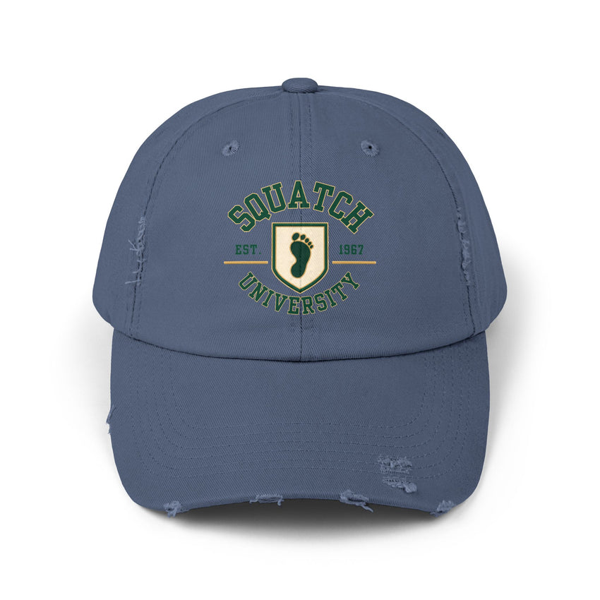 Squatch University cap | distressed dad hat, Bigfoot foot emblem
