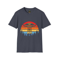 UFO Abduction Sunset T-Shirt | Retro Alien Spaceship Forest Silhouette