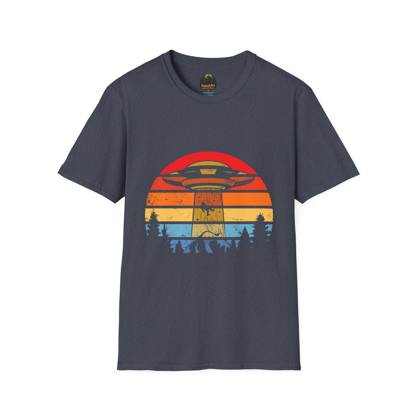 UFO Abduction Sunset T-Shirt | Retro Alien Spaceship Forest Silhouette
