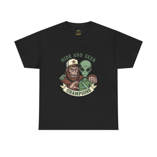 Hide and Seek Champions , Alien and Sasquatch tshirt