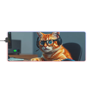 Gamer Cat Wearing Headset LED Gaming Mouse Pad | RGB Desk Mat