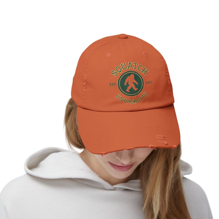 Squatch University cap | Sasquatch logo distressed hat, Bigfoot college emblem cap