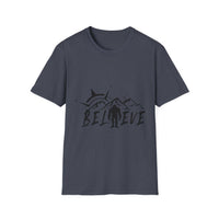 Believe Sasquatch T-Shirt | Bigfoot Mountain Silhouette, Wilderness Theme