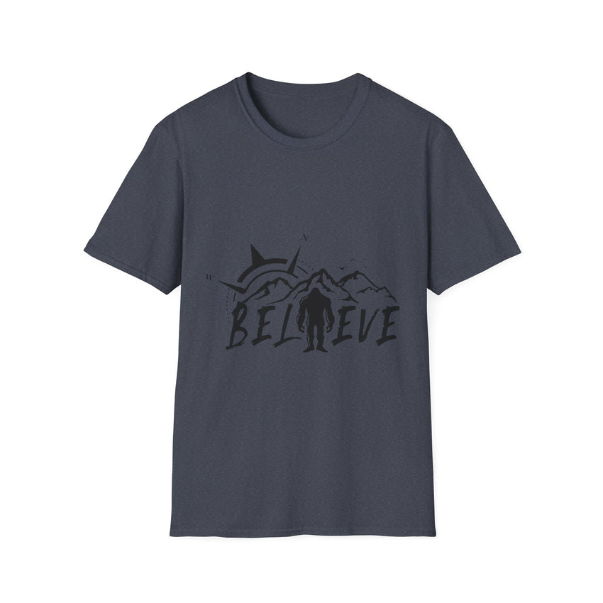 Believe Sasquatch T-Shirt | Bigfoot Mountain Silhouette, Wilderness Theme