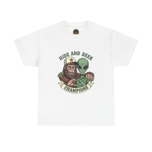Hide and Seek Champions , Alien and Sasquatch tshirt