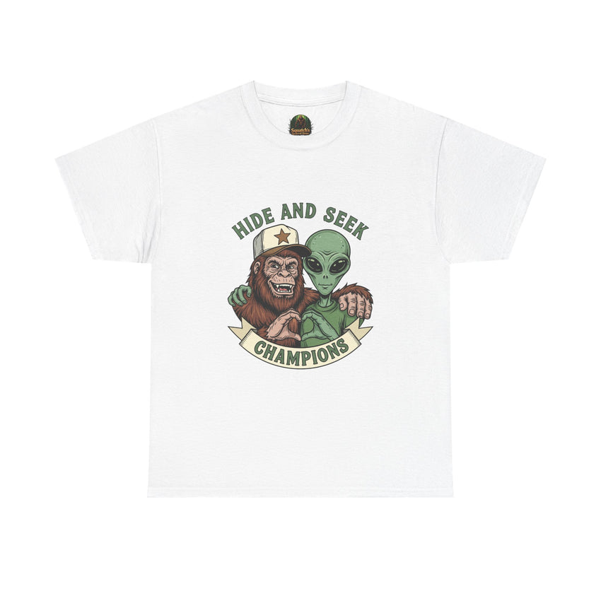 Hide and Seek Champions , Alien and Sasquatch tshirt