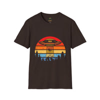 UFO Abduction Sunset T-Shirt | Retro Alien Spaceship Forest Silhouette