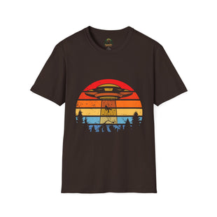 UFO Abduction Sunset T-Shirt | Retro Alien Spaceship Forest Silhouette