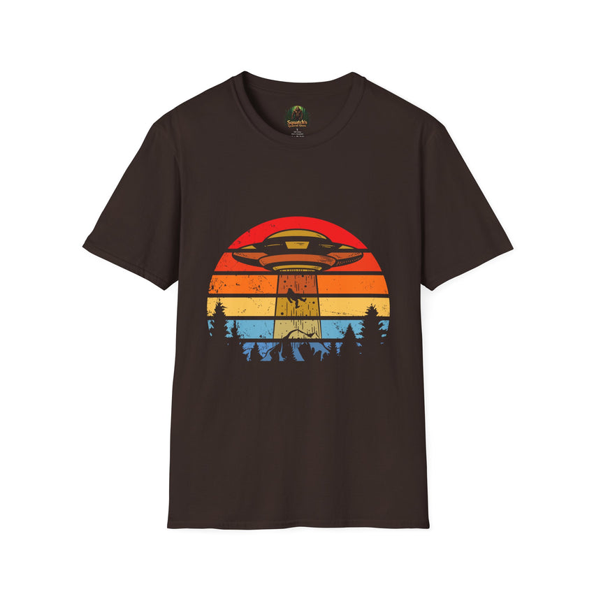 UFO Abduction Sunset T-Shirt | Retro Alien Spaceship Forest Silhouette