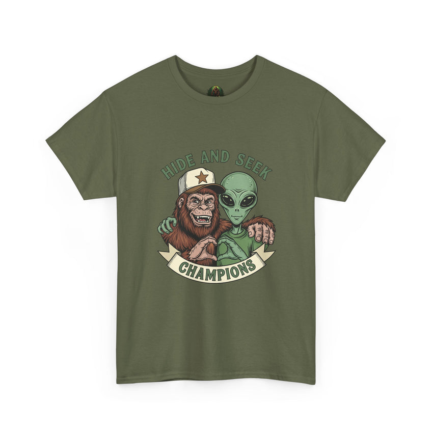 Hide and Seek Champions , Alien and Sasquatch tshirt