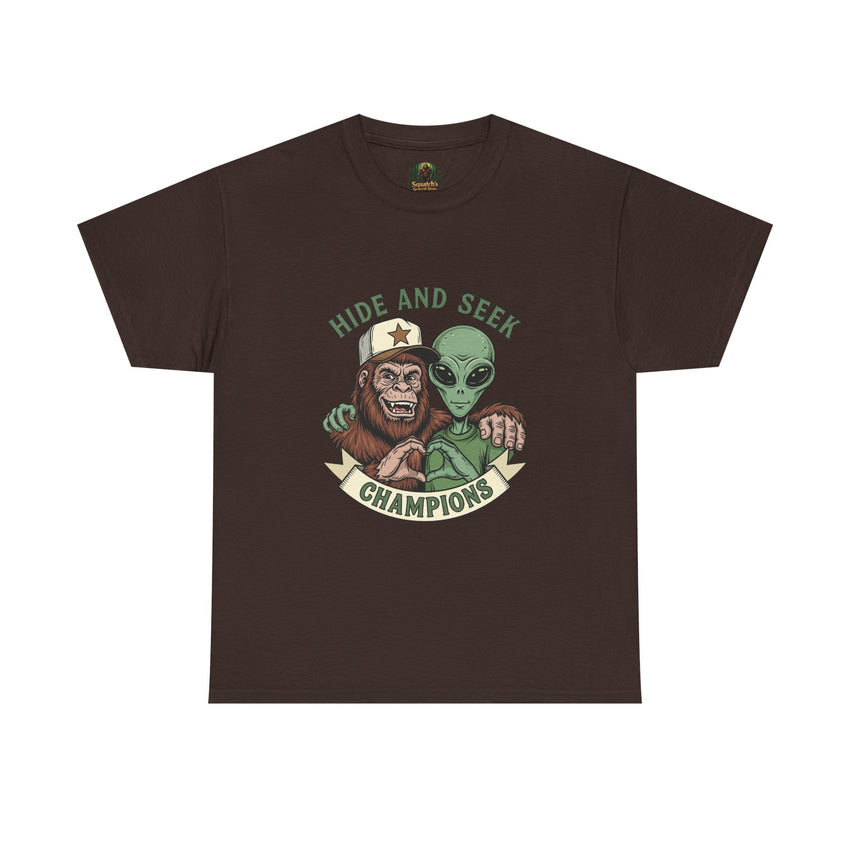 Hide and Seek Champions , Alien and Sasquatch tshirt