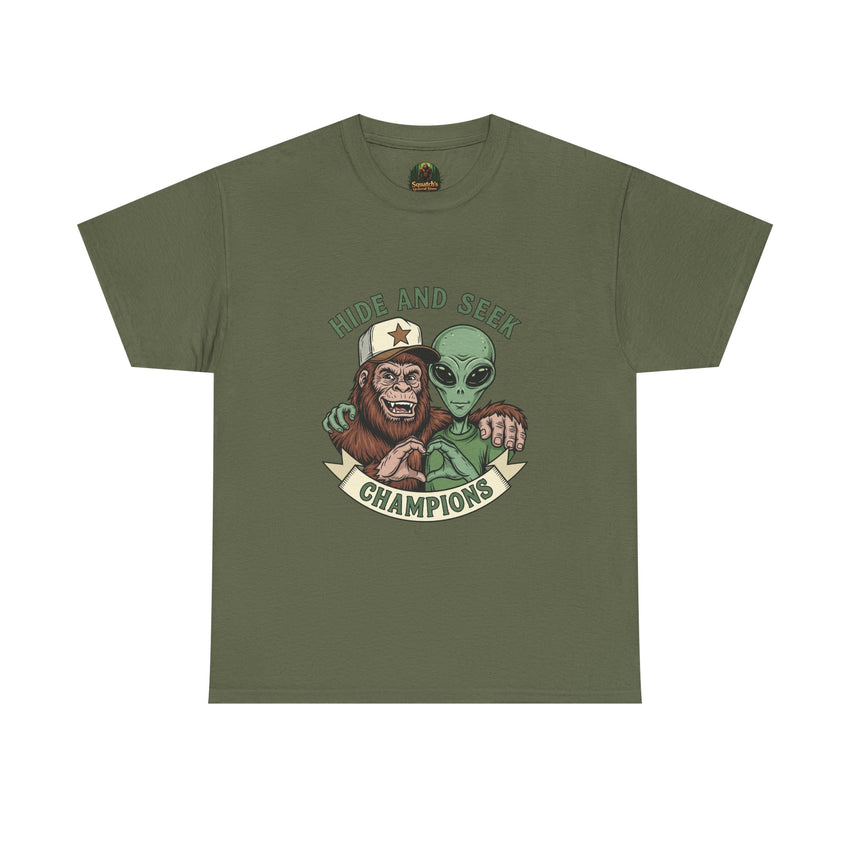 Hide and Seek Champions , Alien and Sasquatch tshirt