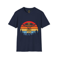 UFO Abduction Sunset T-Shirt | Retro Alien Spaceship Forest Silhouette