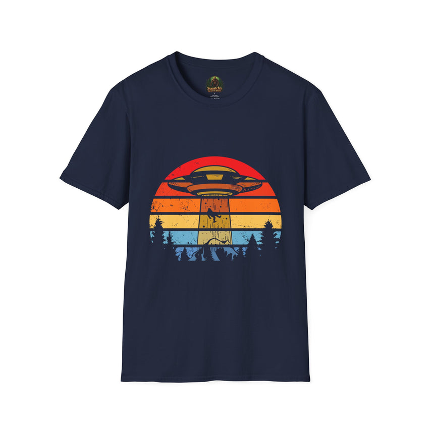 UFO Abduction Sunset T-Shirt | Retro Alien Spaceship Forest Silhouette