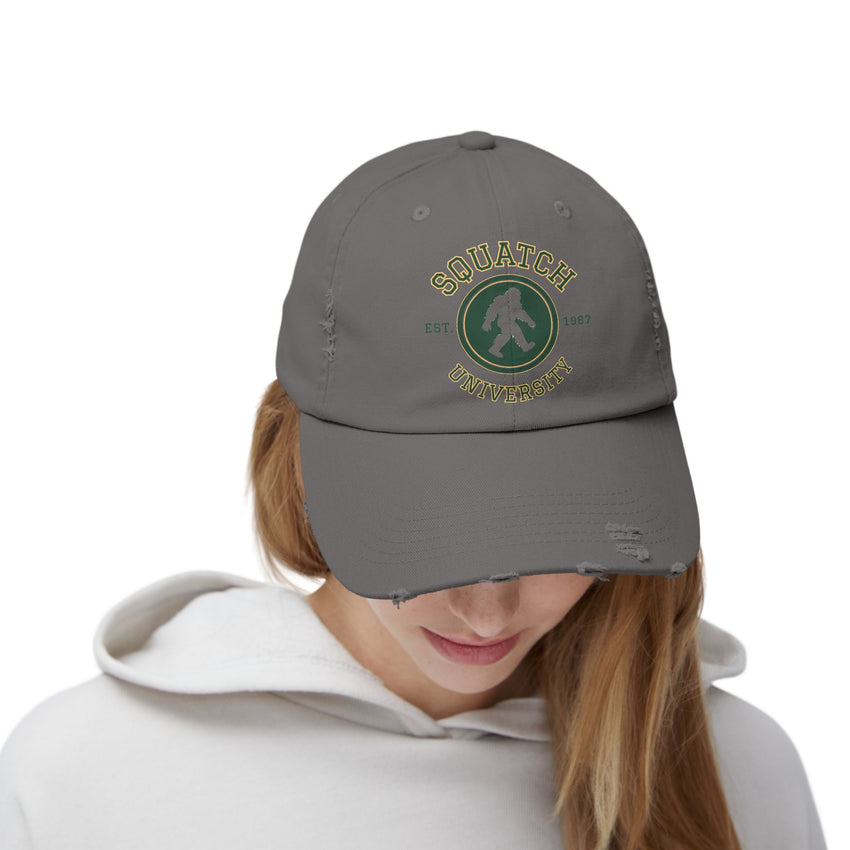 Squatch University cap | Sasquatch logo distressed hat, Bigfoot college emblem cap